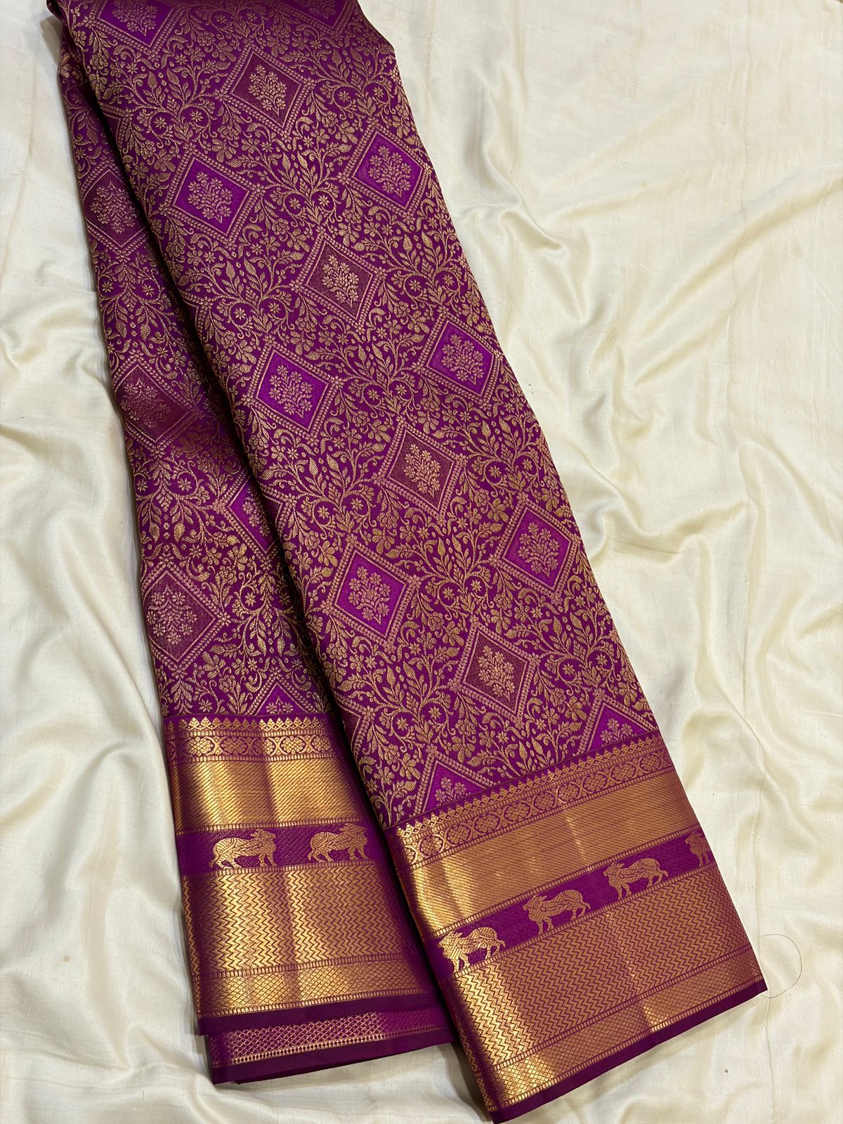 Royal Purple Floral Brocade Kanchipuram Bridal Silk Saree